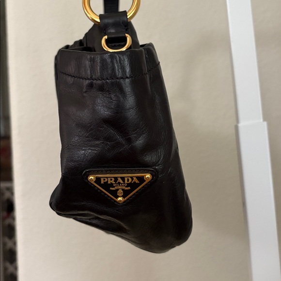 Prada Black Pleated Leather Bow Shoulder Bag - Picture 3 of 9